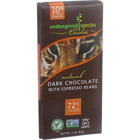 Endangered Species Natural Chocolate Bars - Dark Chocolate - 72 Percent Cocoa - Espresso Beans - 3 Oz Bars - Case Of 12