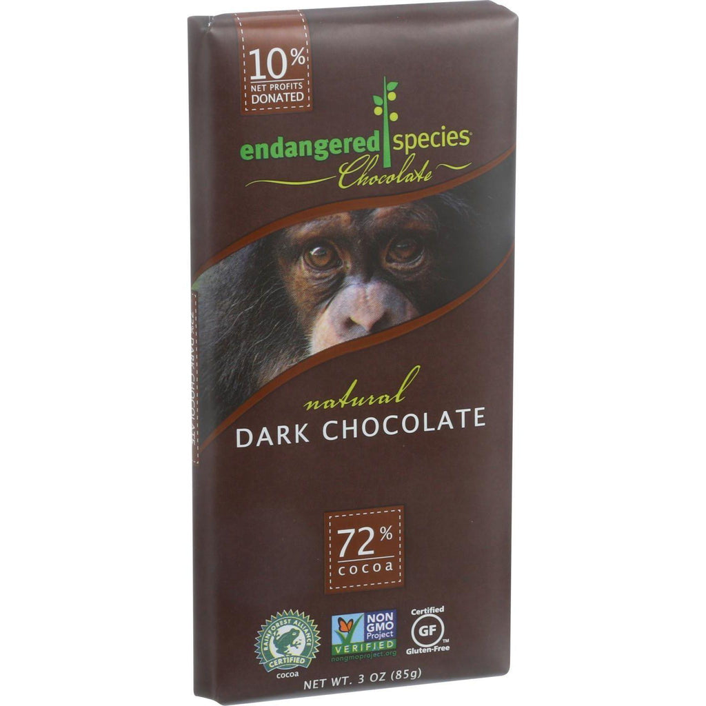 Endangered Species Natural Chocolate Bars - Dark Chocolate - 72 Percent Cocoa - 3 Oz Bars - Case Of 12