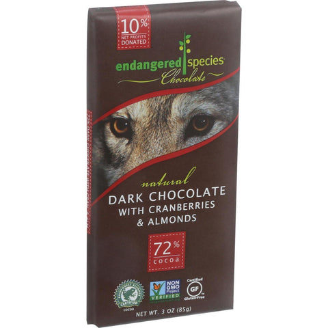 Endangered Species Natural Chocolate Bars - Dark Chocolate - 72 Percent Cocoa - Cranberries And Almonds - 3 Oz Bars - Case Of 12