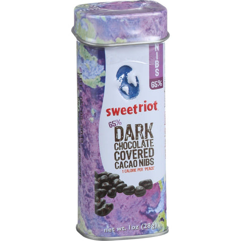 Sweetriot Cacao Nibs - Flavor 65 - 65 Percent Dark Chocolate Covered - 1 Oz Tins - Case Of 12