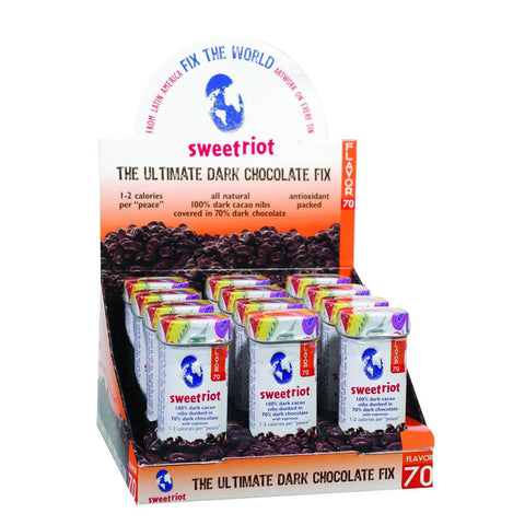 Sweetriot Cacao Nibs - Flavor 70 - 70 Percent Dark Chocolate Covered - With Espresso - 1 Oz Tins - Case Of 12