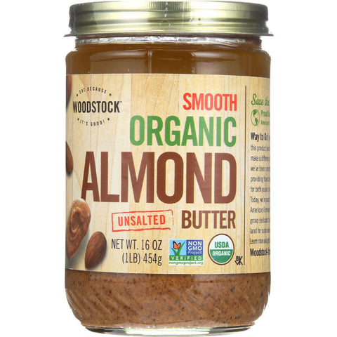 Woodstock Nut Butter - Organic - Almond - Smooth - Unsalted - 16 Oz - Case Of 12