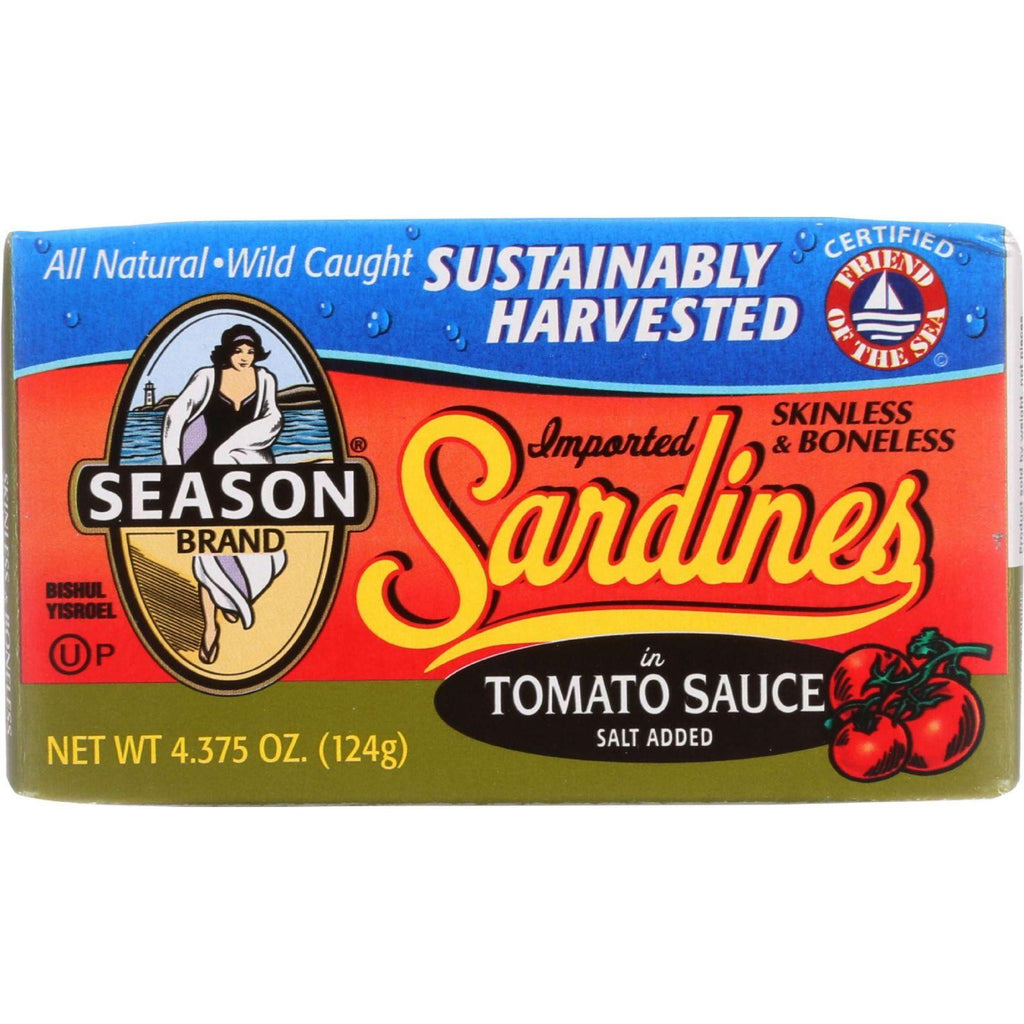 Season Brand Sardines - Skinless And Boneless - In Tomato Sauce - Salt Added - 4.375 Oz - Case Of 12