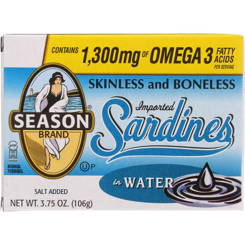 Season Brand Sardines - Skinless And Boneless - In Water - Salt Added - 3.75 Oz - Case Of 12