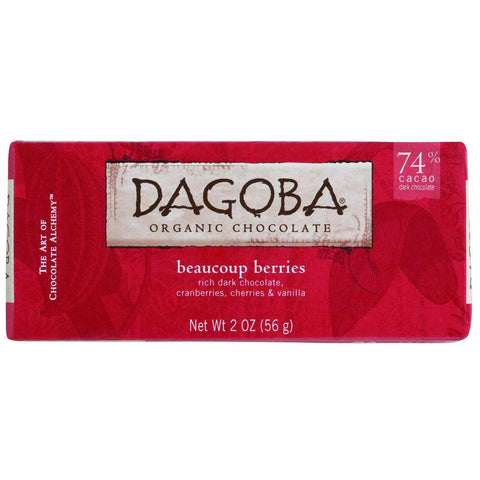 Dagoba Organic Chocolate Bar - Dark Chocolate - 74 Percent Cacao - Beaucoup Berries - 2 Oz Bars - Case Of 12