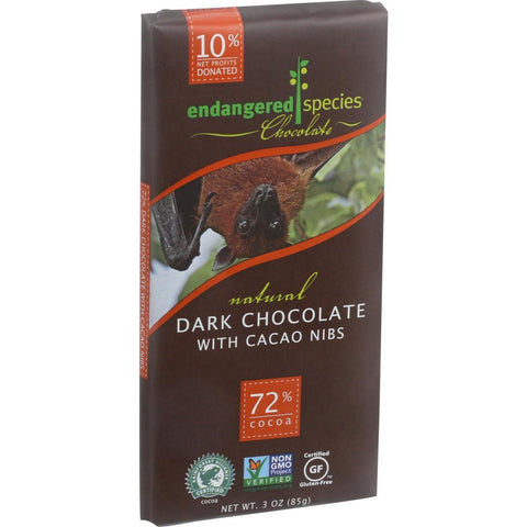 Endangered Species Natural Chocolate Bars - Dark Chocolate - 72 Percent Cocoa - Cacao Nibs - 3 Oz Bars - Case Of 12