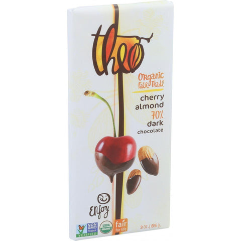 Theo Chocolate Organic Chocolate Bar - Classic - Dark Chocolate - 70 Percent Cacao - Cherry And Almond - 3 Oz Bars - Case Of 12