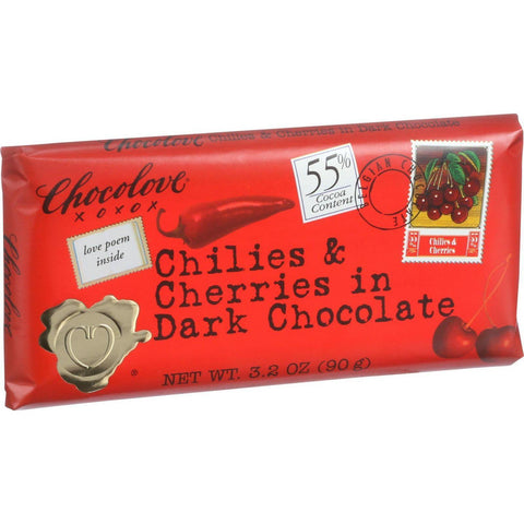 Chocolove Xoxox Premium Chocolate Bar - Dark Chocolate - Chilies And Cherries - 3.2 Oz Bars - Case Of 12