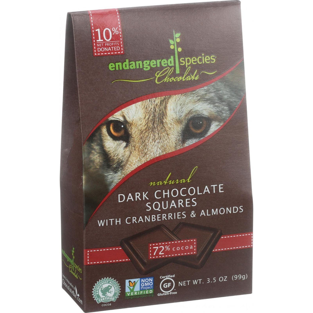 Endangered Species Natural Chocolate Squares - Dark Chocolate - 72 Percent Cocoa - Cranberries And Almonds - Bite Size - 10 Count - Case Of 6