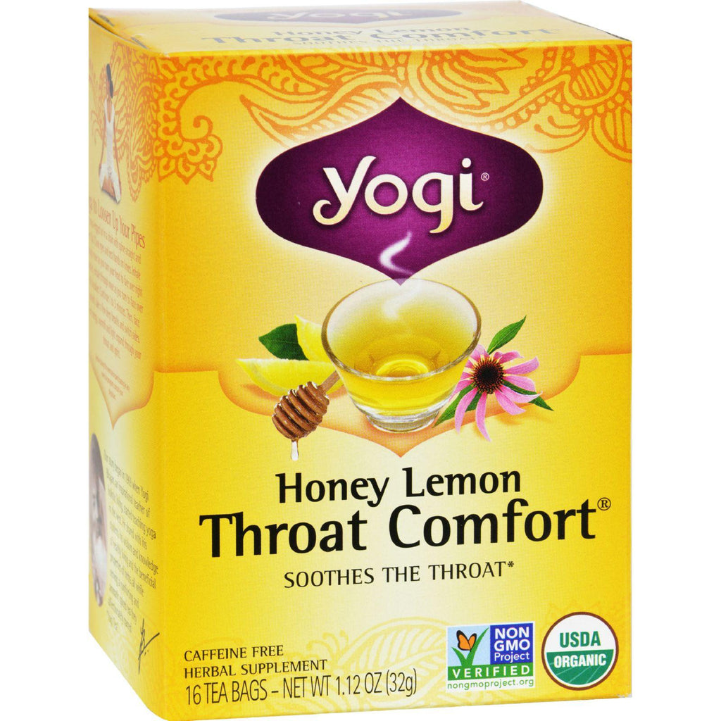 Yogi Throat Comfort Herbal Tea Caffeine Free Honey Lemon - 16 Tea Bags - Case Of 6