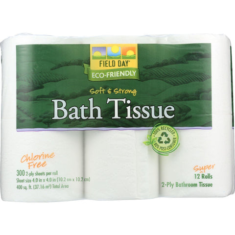 Field Day Bath Tissue - 100 Percent Recycled - 2-ply - 300 Sheets Each - 12 Double Rolls - Case Of 4