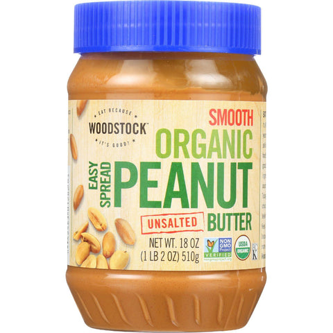 Woodstock Nut Butter - Organic - Peanut - Easy Spread - Smooth - Unsalted - 18 Oz - Case Of 12