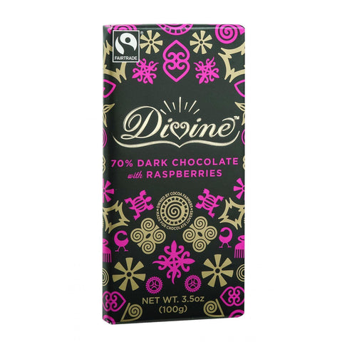 Divine Chocolate Bar - Dark Chocolate - 70 Percent Cocoa - Raspberries - 3.5 Oz Bars - Case Of 10