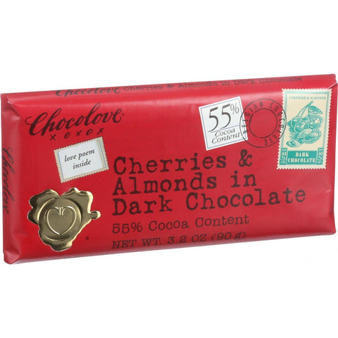 Chocolove Xoxox Premium Chocolate Bar - Dark Chocolate - Cherries And Almonds - 3.2 Oz Bars - Case Of 12
