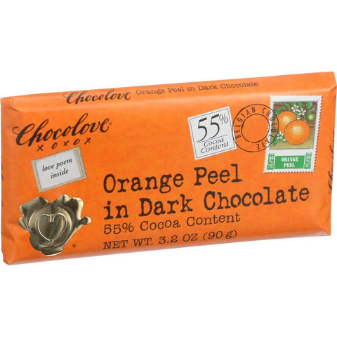 Chocolove Xoxox Premium Chocolate Bar - Dark Chocolate - Orange Peel - 3.2 Oz Bars - Case Of 12