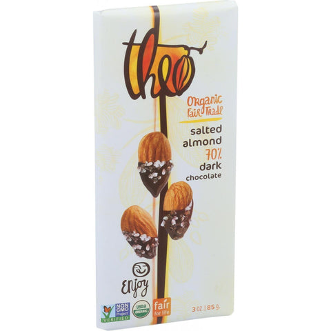 Theo Chocolate Organic Chocolate Bar - Classic - Dark Chocolate - 70 Percent Cacao - Salted Almond - 3 Oz Bars - Case Of 12