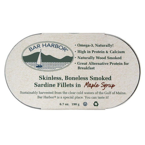 Bar Harbor Skinless Boneless Smoked Sardine Fillets - Maple Syrup - Case Of 12 - 6.7 Oz.