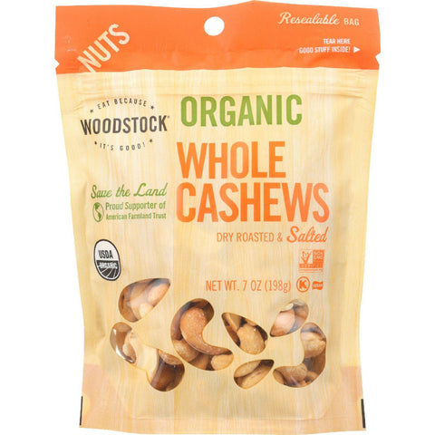 Woodstock Nuts - Organic - Cashews - Whole - Large - Dry Roasted - Salted - 7 Oz - Case Of 8