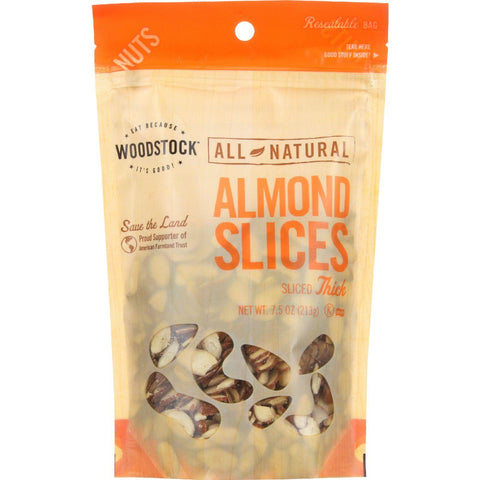 Woodstock Nuts - All Natural - Almonds - Slices - Thick - Raw - 7.5 Oz - Case Of 8