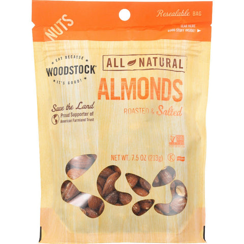Woodstock Nuts - All Natural - Almonds - Whole - Roasted - Salted - 7.5 Oz - Case Of 8