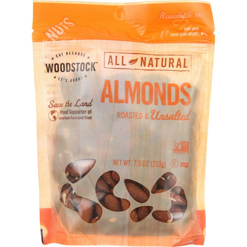 Woodstock Nuts - All Natural - Almonds - Whole - Roasted - Unsalted - 7.5 Oz - Case Of 8