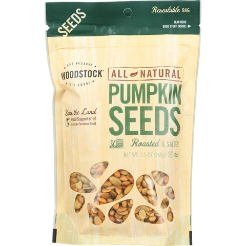 Woodstock Seeds - All Natural - Pumpkin - Pepitas - Shelled - Roasted - Salted - 9.5 Oz - Case Of 8