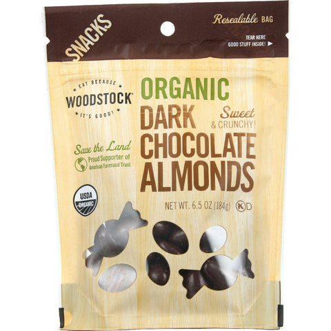 Woodstock Snacks - Organic - Dark Chocolate Almonds - Sweet And Crunchy - 6.5 Oz - Case Of 8