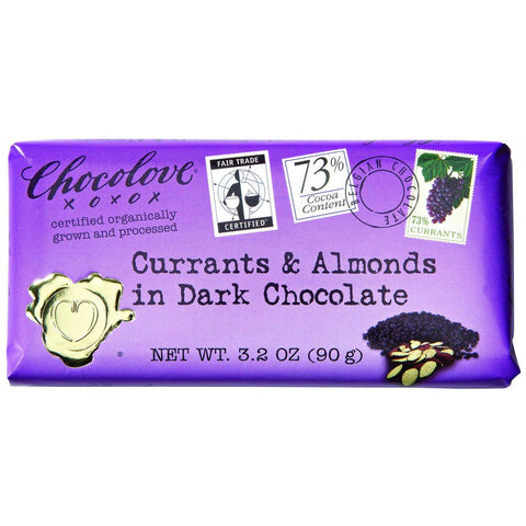 Chocolove Xoxox Premium Chocolate Bar - Organic Dark Chocolate - Fair Trade Currants And Almonds - 3.2 Oz Bars - Case Of 12