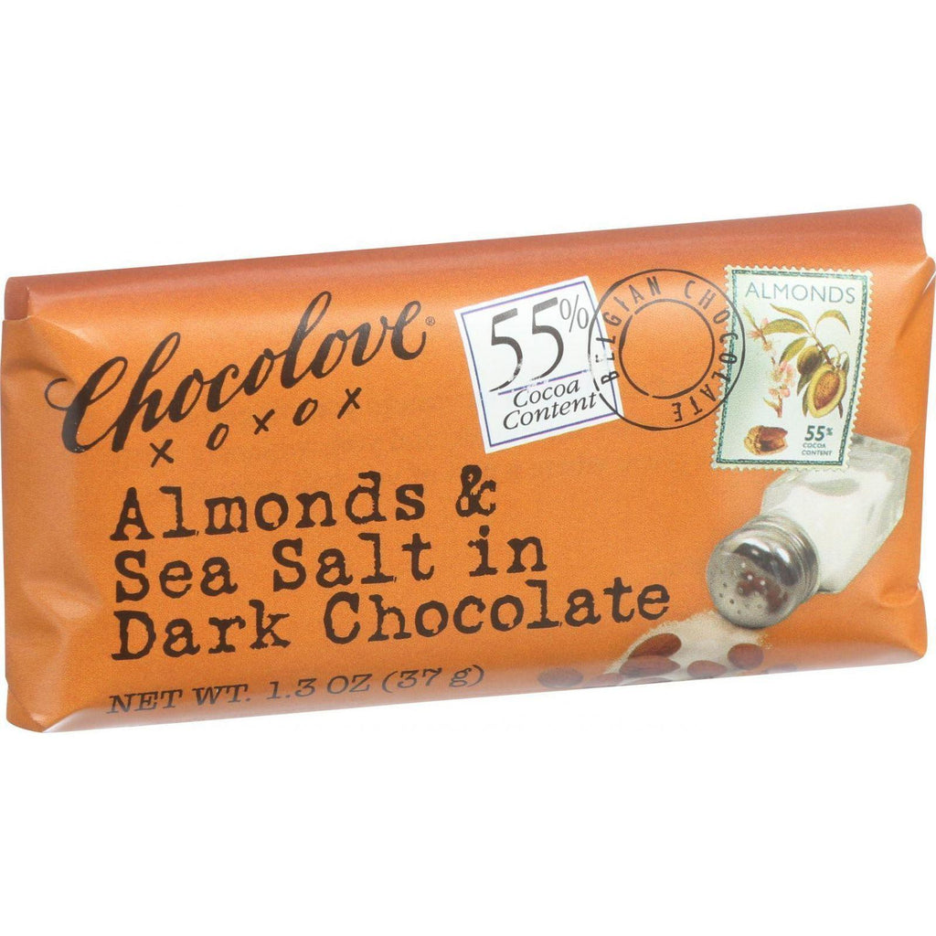 Chocolove Xoxox Premium Chocolate Bar - Dark Chocolate - Almonds And Sea Salt - Mini 1.3 Oz Bars - Case Of 12