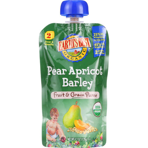 Earths Best Baby Food - Organic - Fruit And Grain Puree - Pouch - Age 6 Months Plus - Stage 2 - Pear Apricot Barley - 4.2 Oz - Case Of 12