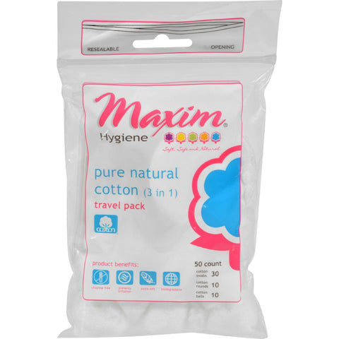Maxim Hygiene 3 In 1 Pure Travel Pack - Cotton Swabs, Rounds, And Balls - 50 Count