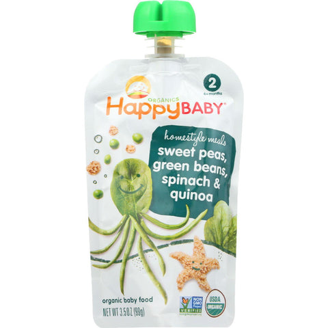 Happy Baby Baby Food - Organic - Homestyle Meals - Stage 2 - Sweet Peas Green Beans Spinach And Quinoa - 3.5 Oz - Case Of 16
