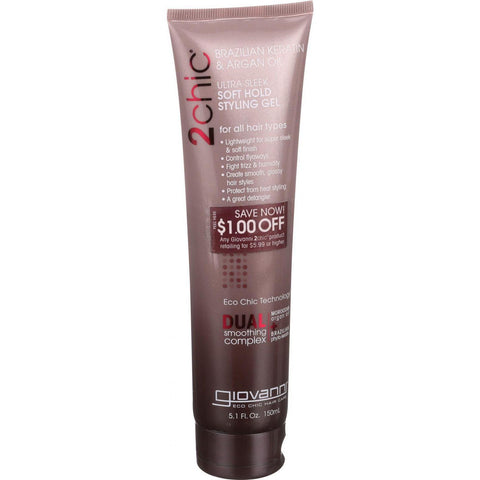 Giovanni Hair Care Products Styling Gel - 2chic - Ultra Sleek - Brazilian Keratin And Argan Oil - Soft Hold - 5.1 Oz