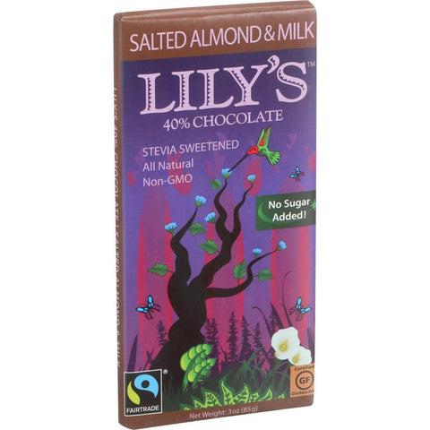 Lily's Sweets Chocolate Bar - Milk Chocolate - 40 Percent Cocoa - Salted Almond - 3 Oz Bars - Case Of 12