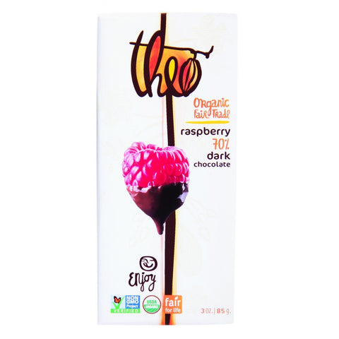 Theo Chocolate Organic Chocolate Bar - Classic - Dark Chocolate - 70 Percent Cacao - Raspberry - 3 Oz Bars - Case Of 12