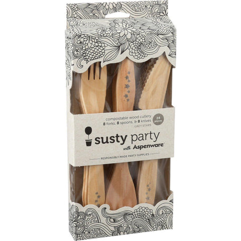 Susty Party Cutlery - Compostable - Wood - Grey - Forks Knives Spoons - 24 Count - Case Of 4