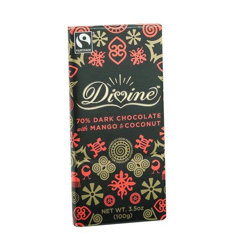 Divine Chocolate Bar - Dark Chocolate - 70 Percent Cocoa - Mango And Coconut - 3.5 Oz Bars - Case Of 10