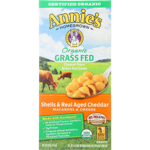 Annies Homegrown Macaroni And Cheese - Organic - Grass Fed - Shells And Real Aged Cheddar - 6 Oz - Case Of 12