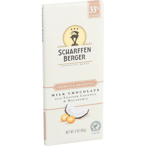 Scharffen Berger Chocolate Bar - Milk Chocolate - 33 Percent Cocoa - Smooth - Toasted Coconut And Macadamia - 3 Oz Bars - Case Of 12