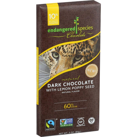 Endangered Species Natural Chocolate Bars - Dark Chocolate - 60 Percent Cocoa - Lemon Poppy Seed - 3 Oz Bars - Case Of 12