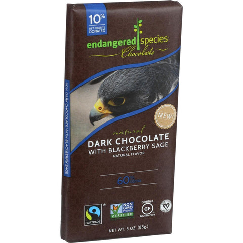 Endangered Species Natural Chocolate Bars - Dark Chocolate - 60 Percent Cocoa - Blackberry Sage - 3 Oz Bars - Case Of 12