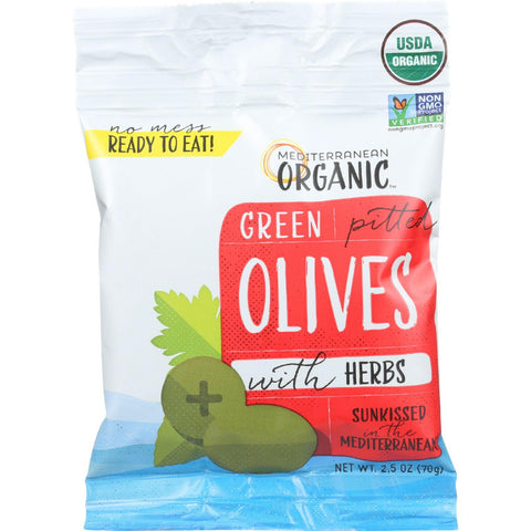 Mediterranean Organic Olives - Organic - Green - Pitted - With Herbs - Snack Pack - 2.5 Oz - Case Of 12