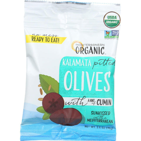 Mediterranean Organic Olives - Organic - Kalamata - Pitted - With Cumin - Snack Pack - 2.5 Oz - Case Of 12