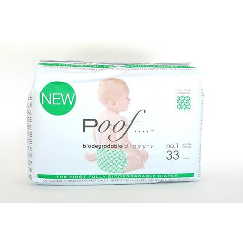 Poof Bio Disposable Diapers - Chlorine Free - Antibacterial - Size 1 - Green Loops - Case Of 4 - 33 Ct